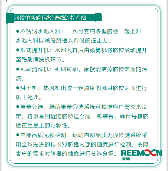 今年綠萌推出T型系列設(shè)備，專為中國果農(nóng)研制的高性價(jià)比的設(shè)備，具有功能齊全、小型輕便可移動(dòng)、操作簡單、易維護(hù)的優(yōu)點(diǎn)。臍橙單通道分選線確保每箱分選過的臍橙個(gè)頭勻稱、糖酸度相近，有著穩(wěn)定的品質(zhì)，讓非標(biāo)準(zhǔn)的農(nóng)產(chǎn)品標(biāo)準(zhǔn)化。該分選線專門為中國小戶果農(nóng)定制，為客戶實(shí)地考察，根據(jù)客戶需求全流程設(shè)計(jì)，